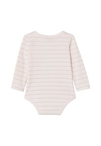 Long-sleeve onesie in light pink with white horizontal stripes, soft cotton material, ribbed neckline, and scalloped trim at the leg openings.