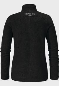 Schwarze Fleecejacke mit strukturierter Oberfläche, hohem Kragen und langen Ärmeln. Verfügt über ein Etikett auf der Rückseite mit kontrastierendem weißen Text.