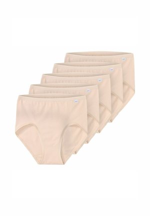 Beige cotton hipster underwear, five pairs displayed, seamless design, soft fabric, elastic waistband, minimal branding on the front.