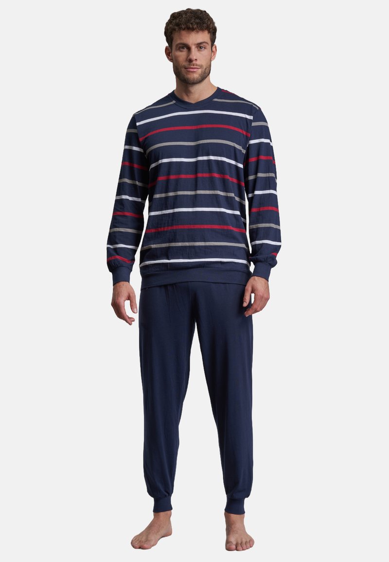 Langärmelige Pyjamas aus Baumwolle mit navyfarbenem Grund und rot-weißen horizontalen Streifen, kombiniert mit einfarbigen navyfarbenen Hosen und elastischen Bündchen.