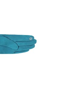 Guanti in suede verde acqua con una texture liscia, caratterizzati da un accento floreale decorativo di un blu chiaro nella zona del polso e dettagli cuciti.