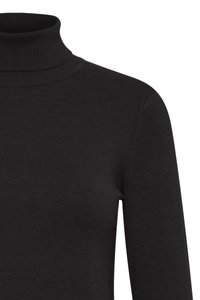 Pull noir à col roulé avec une texture côtelée, coupe ajustée et manches longues ; tissu lisse et extensible.