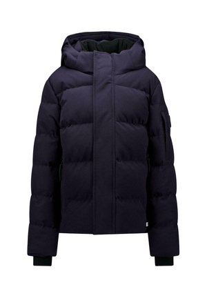 Donkerblauw gewatteerd winterjack met capuchon, volledige voorzijde sluiting, zijzakken en geribde manchetten aan de mouwen.