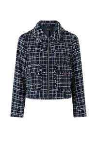 Navyblauwe cropped jas met wit geruit patroon, voorrits, kraag en twee klepzakken aan de voorkant met franjes.