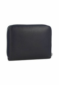 Portefeuille en cuir navy avec fermeture zippée et quincaillerie en acier inoxydable. Texture lisse, forme rectangulaire, design compact pour une facilité de transport.