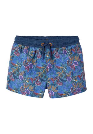 Blaue Badeshorts mit elastischem Bund und Kordelzug, mit einem farbenfrohen tropischen Blatt- und Vogelmuster in Lila-, Orange- und Grüntönen.