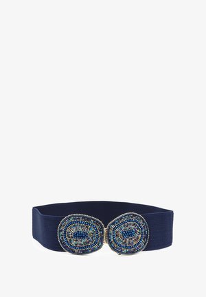 Cintura elastica blu navy con due fibbie metalliche circolari decorate con perline intricate nei toni del blu, verde e nero. Texture liscia.