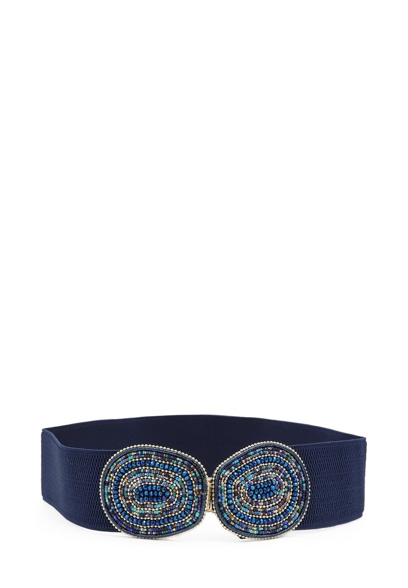 Cintura elastica blu navy con due fibbie metalliche circolari decorate con perline intricate nei toni del blu, verde e nero. Texture liscia.