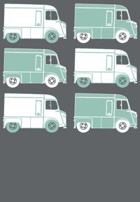 Šest ilustrovaných food trucků v pastelově zelené a bílé barvě, zobrazujících ploché tvary, zaoblené hrany a jednoduché linie na tmavě šedém pozadí.