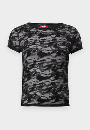 Black lace T-shirt featuring a textured, camouflage pattern. Round neck, short sleeves, and a red brand label at the neckline.