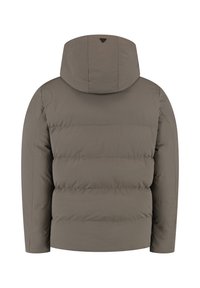 Grijze pufferjack met een capuchon, voorzien van horizontaal gestikte panelen, een gladde textuur en een driehoekig logo bij de kraag.