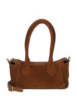 Sac à main en daim marron avec double anses, fermeture éclair sur le dessus et une bandoulière réglable avec une boucle dorée.