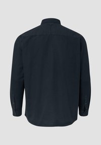 Donkerblauw overhemd met lange mouwen en een button-down kraag, met een effen textuur en een gebogen zoom. Inclusief knoopmanchetten en een rugpand.
