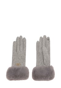 Guantes de lana grises con un suave puño de pelo sintético gris, que presenta un sutil acento de logo en la muñeca. Diseño clásico con cobertura de cuatro dedos.