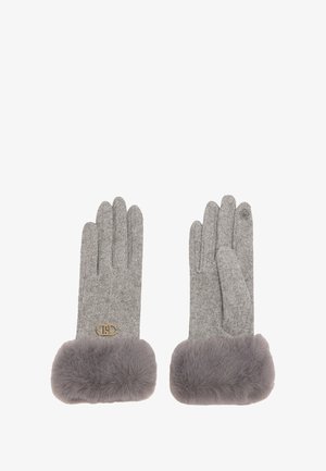 Guanti di lana grigi con un morbido polsino in pelliccia sintetica grigia, caratterizzati da un sottile logo accentato sul polso. Design classico con copertura per quattro dita.