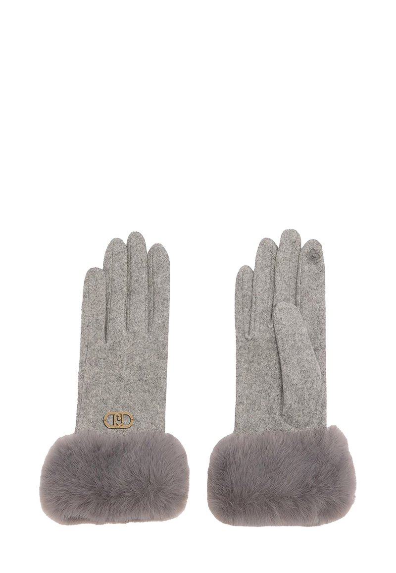 Guantes de lana grises con un suave puño de pelo sintético gris, que presenta un sutil acento de logo en la muñeca. Diseño clásico con cobertura de cuatro dedos.