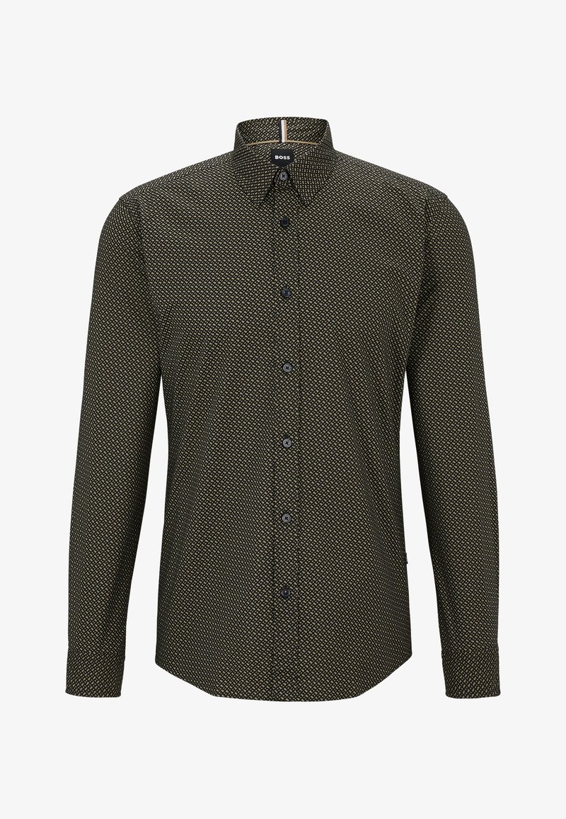 Chemise homme à manches longues avec boutons, petit motif géométrique répétitif en couleurs foncées et claires, dotée d’un col classique.