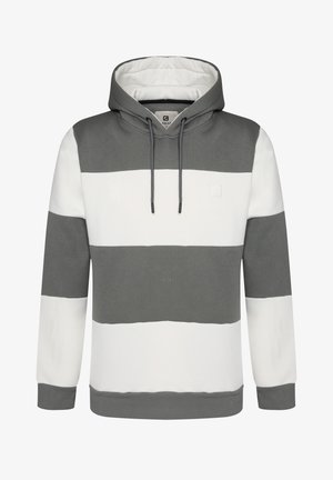 Gray and white striped hoodie with a drawstring hood, featuring a textured fabric and a small logo on the chest.