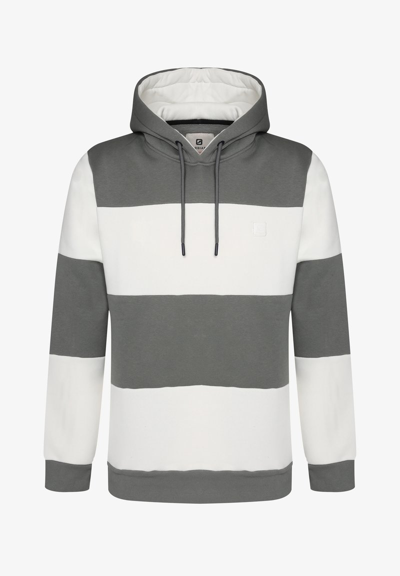 Šedý a bílý pruhovaný mikina s kapucí a šňůrkou, vyrobená z texturované látky a malým logem na hrudi.
