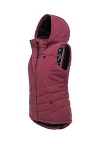 Bordowa kamizelka ocieplana z kapturem, z zamkiem błyskawicznym z przodu, zatrzaskami, kieszeniami bocznymi oraz miękką podszewką wewnętrzną.