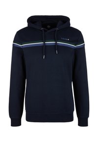 Felpa blu navy con tasca frontale a marsupio, cappuccio con coulisse e strisce orizzontali in verde, blu e bianco sul petto.