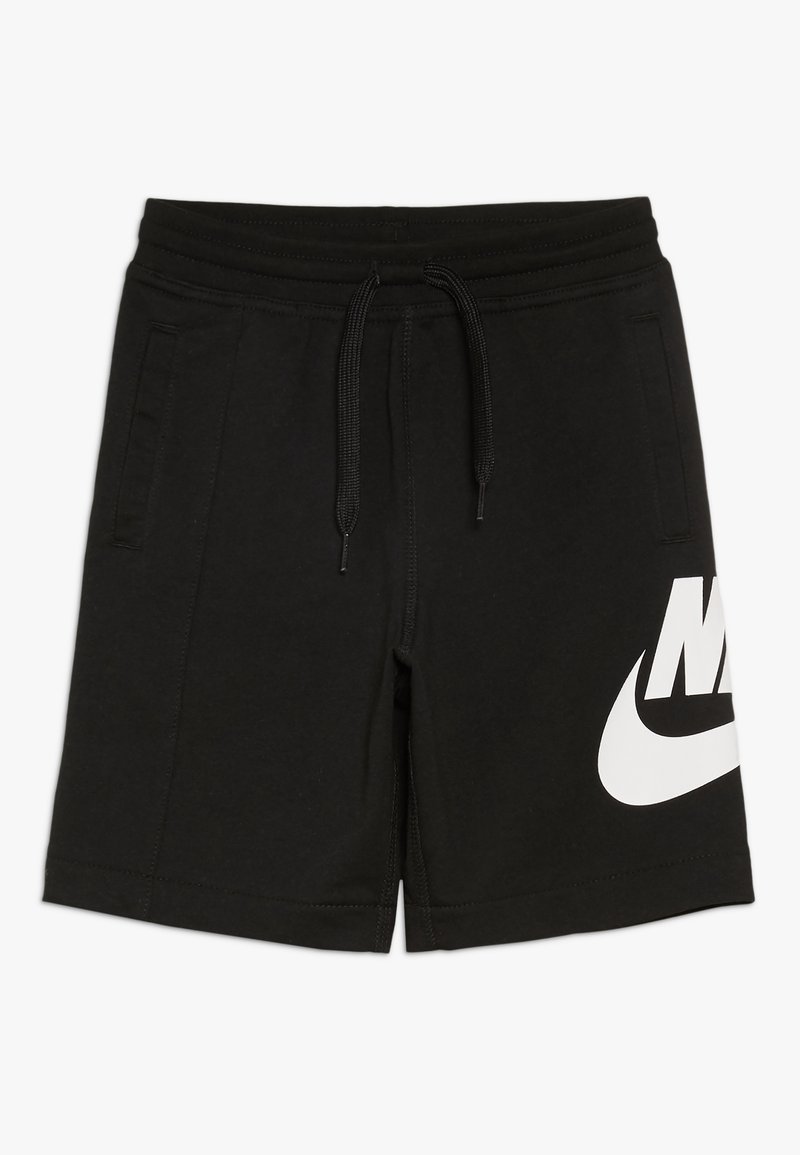 Black athletic shorts made of cotton blend fabric. Features an elastic waistband with drawstring, side pockets, and a large white Nike logo.