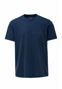 Camiseta de algodón azul marino con cuello redondo, mangas cortas y un bolsillo en el pecho izquierdo con texto bordado ton sur ton.