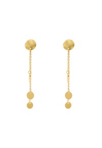 Boucles d'oreilles dorées comprenant un clou rond et trois disques circulaires suspendus reliés par des chaînes délicates. Surface lisse et finition polie.
