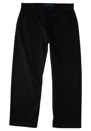 Black pants made of cotton, featuring a straight leg design, front pockets, and a zip fly with a metal button closure.