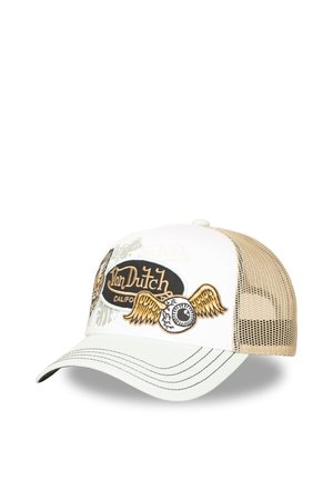 Gorra trucker Von Dutch de malla blanca y beige con ojo alado bordado y parche negro con logo en el panel frontal.