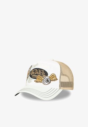 Gorra trucker Von Dutch de malla blanca y beige con ojo alado bordado y parche negro con logo en el panel frontal.