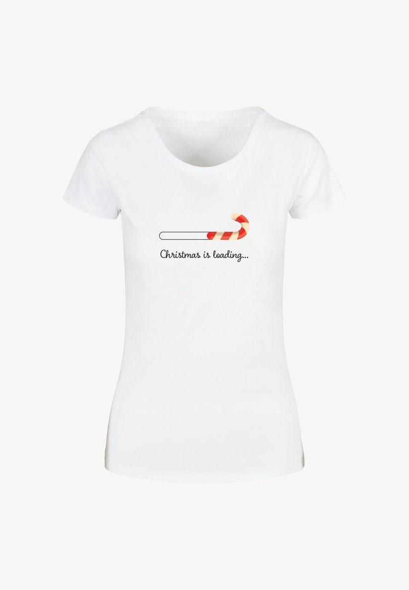 White cotton T-shirt featuring a playful "Christmas is loading..." text and a graphic of a red and white candy cane. Short sleeves, rounded neckline.