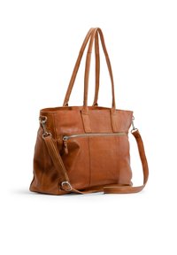Sac tote en cuir marron avec poignées doubles, une bandoulière amovible, une poche zippée à l'avant et une texture lisse. Forme rectangulaire avec un design structuré.