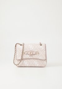Borsa a spalla rosa chiaro realizzata in materiale similpelle, caratterizzata da una stampa con logo geometrico, una tracolla in catena color oro e un clasp con dettaglio del logo.