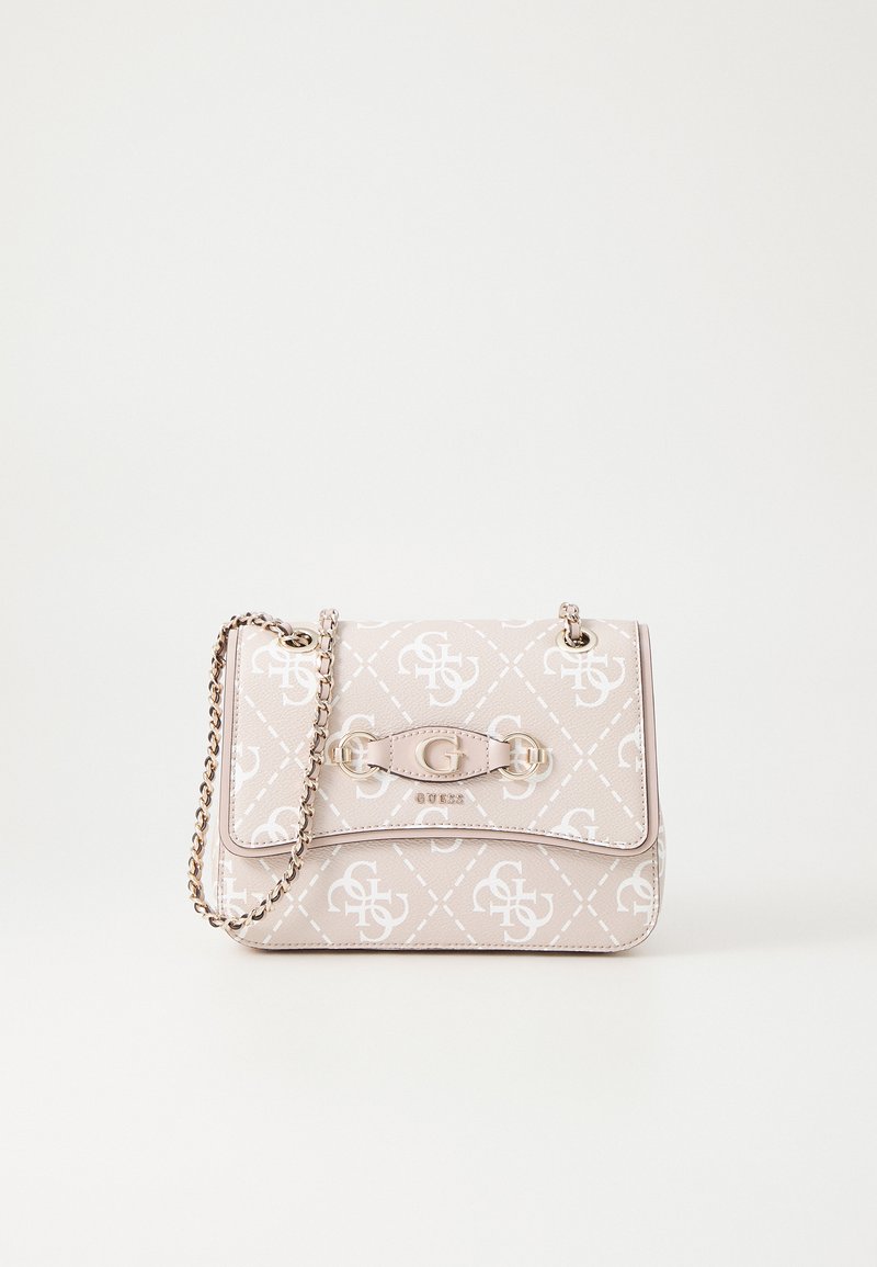 Borsa a spalla rosa chiaro realizzata in materiale similpelle, caratterizzata da una stampa con logo geometrico, una tracolla in catena color oro e un clasp con dettaglio del logo.