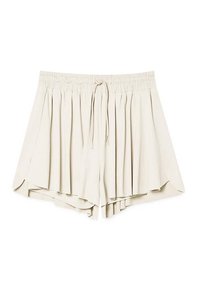 Shorts beiges plissés avec taille élastique et cordon de serrage, dotés d'un ourlet superposé en couches et d'une coupe ample.