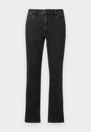 Jeans de mezclilla negros de pierna recta, con cinco bolsillos, cierre de botón y costuras contrastantes a lo largo de las costuras.