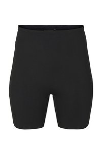 Schwarze, dehnbare Shorts in hoher Taille bis zur Mitte des Oberschenkels, aus glattem Stoff ohne sichtbare Logos oder Muster.