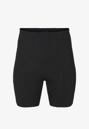 Sorte, strækbare shorts med høj talje og midt på låret, lavet af glat stof uden synlige logoer eller mønstre.