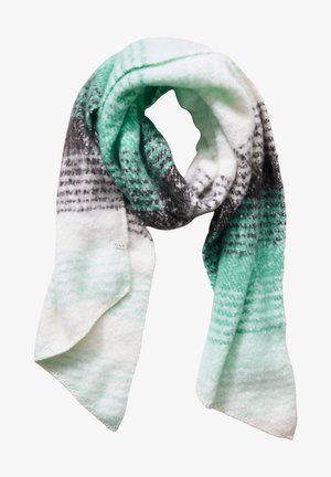 Vihreä ja harmaa ruudullinen huivi, joka on valmistettu pehmeästä kankaasta. Huivissa on yhdistelmä vaakasuoria ja pystysuoria raitoja valkoisella taustalla.