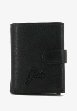 Portafoglio in pelle nera con superficie texturizzata, dotato di chiusura a scatto e logo impresso nella parte anteriore. Design rettangolare compatto.