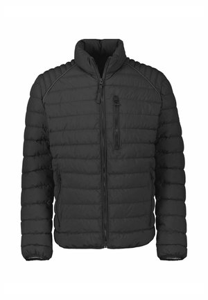Black puffer jacket with a zip front, high collar, and quilted texture. Features zippered pockets and a slim fit design.