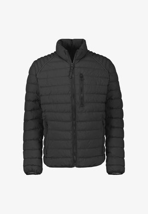 Schwarze Steppjacke mit Reißverschluss vorne, hohem Kragen und gestepptem Design. Verfügt über Reißverschlusstaschen und eine figurnahe Passform.