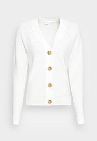 Cardigan lavorato a maglia bianco con scollo a V profondo, dotato di grandi bottoni color ambra lungo la parte frontale e polsini a coste. Tessuto morbido, design casual.