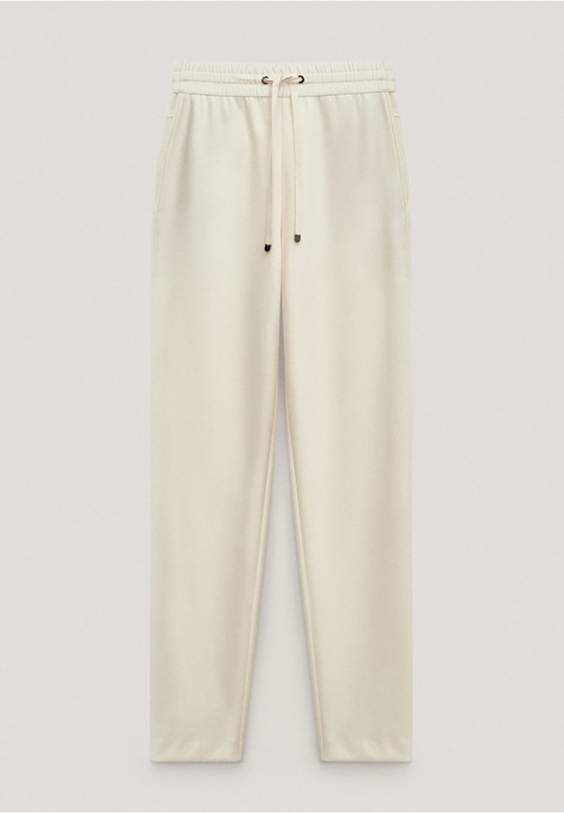 Pantalon de survêtement droit écru avec taille élastique et cordon, avec poches latérales et embouts métalliques aux cordons.