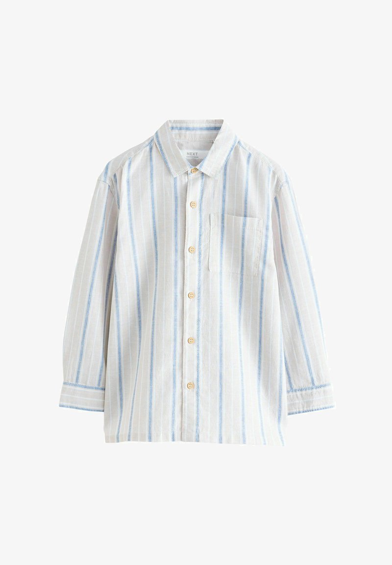 Camicia leggera a maniche lunghe con colletto, caratterizzata da righe verticali blu e bianche, cinque bottoni e una tasca sul petto.