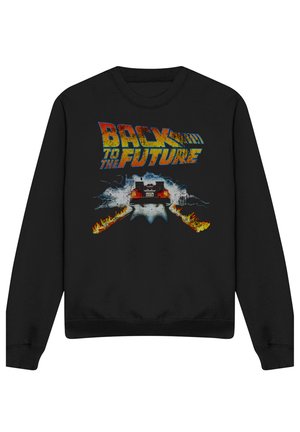 Black sweatshirt with "Back to the Future" text above a time-traveling car leaving fiery tire tracks and sparks on the road.