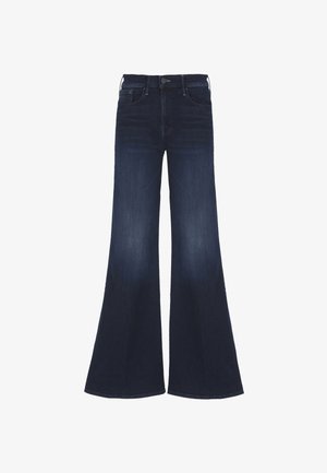 Jeans alta vita blu scuro con gambe larghe e svasate, tasche frontali e chiusura con bottone e zip.