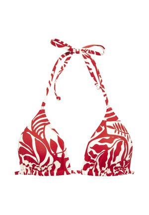 Rød og hvid tropisk bladmønstret trekants-bikinitop med halterneck og bindebånd bagpå på hvid baggrund.
