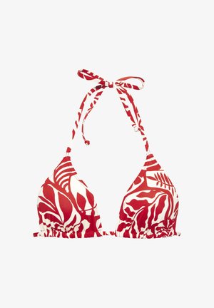 Haut de bikini triangle à motif de feuilles tropicales rouges et blanches avec col halter et fermeture à nouer dans le dos sur fond blanc.